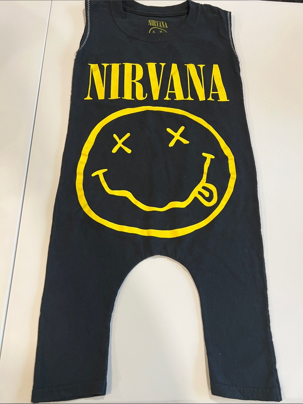 NIRVANA - Black Romper with Yellow Smiley Logo, 12-24m free size